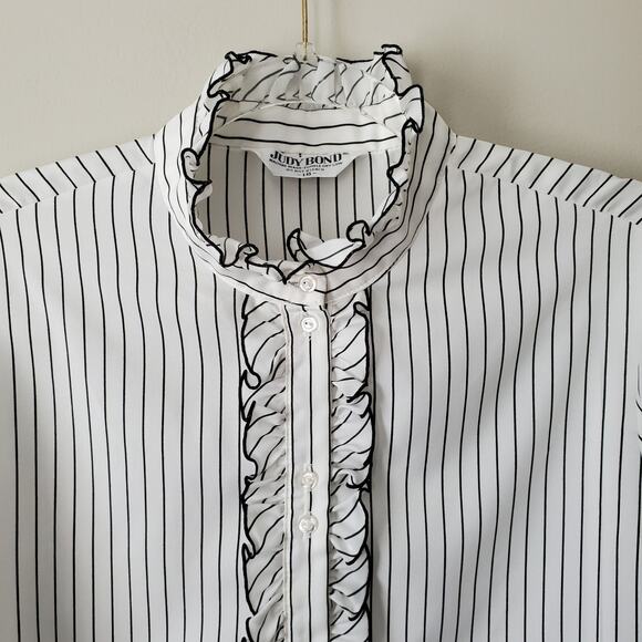 VTG 80s Ruffle High Neck White Black Pinstripe Blouse Shirt L Victorian Vampire - Picture 2 of 9